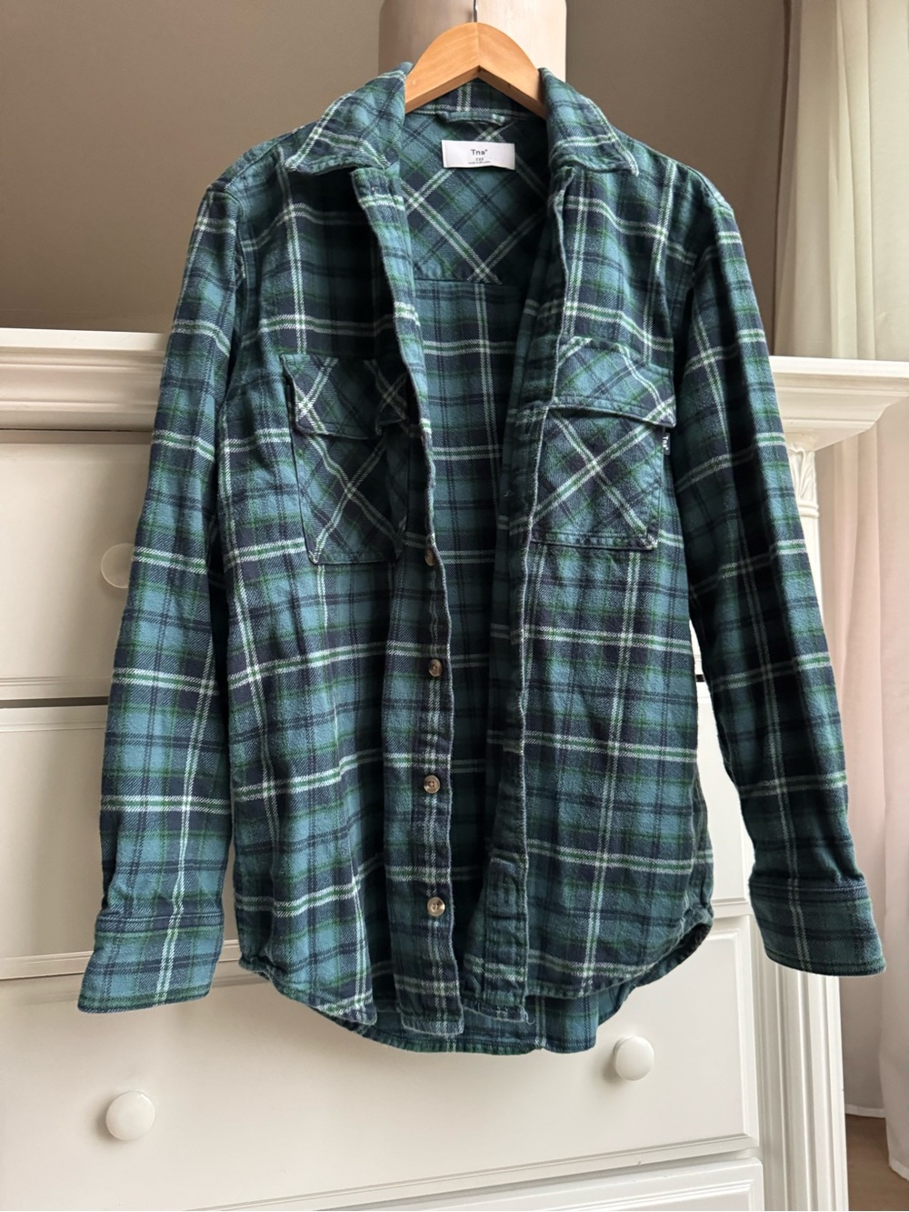 TNA Plaid Flannel Button-Up Shirt Green | XS–S Fit
